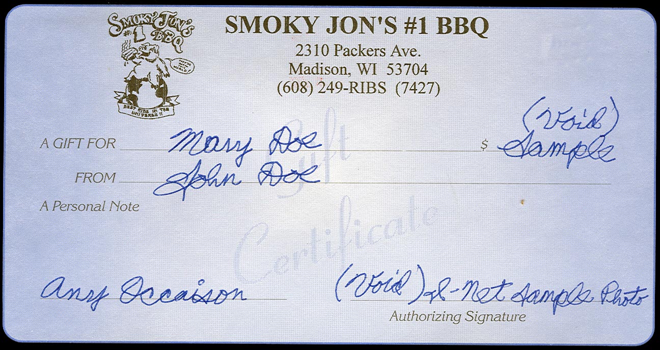 Smoky Jon's BBQ Gift Certificates Smoky Jon's Championship BBQ